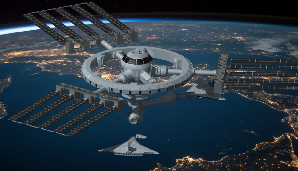 The Titans OrbitalPort Space Station can be seen floating over Europe. One Titans Spaceplane is docked, and another spaceplane is approaching with its nose tilted sideways for docking at the space station.