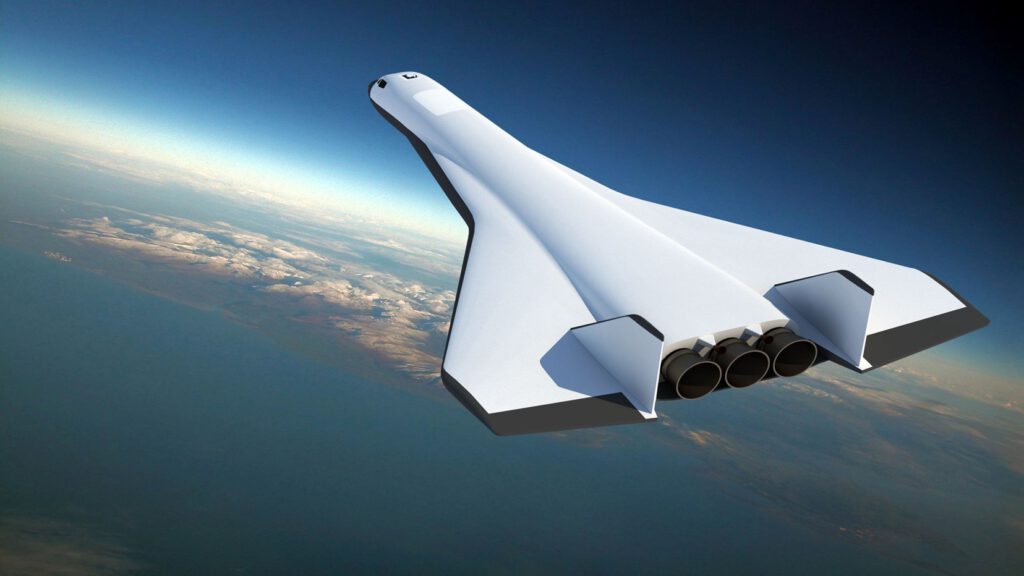 An artist's rendering of Radian Aerospace's fully reusable horizontal takeoff and landing, single-stage-to-orbit spaceplane flying over Earth.